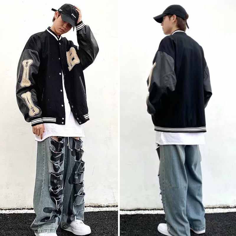 Beakey Unisex Varsity Jacket Stitched Leather Oversized Coat with Patch-Black