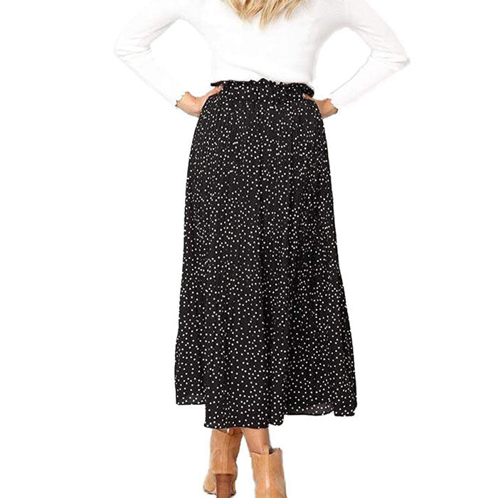 Beakey Womens High Waist Skirt Polka Dot Pleated Midi Maxi Swing Skirt High Elastic-Black-0387