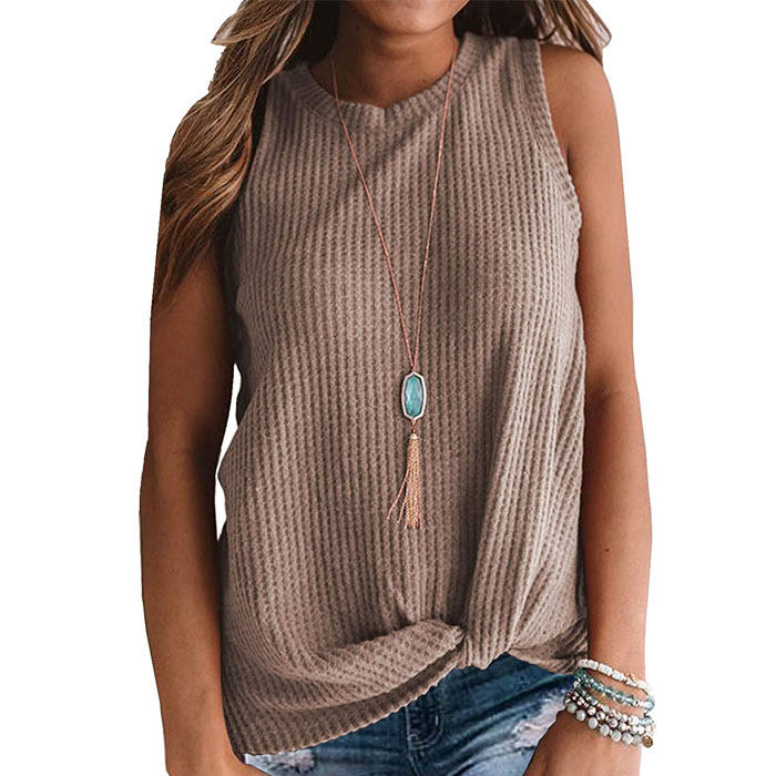 Beakey Womens Waffle Knit Vest Casual Blouse Sleeveless Twist Knot Tank Tops-Khaki-YT8829