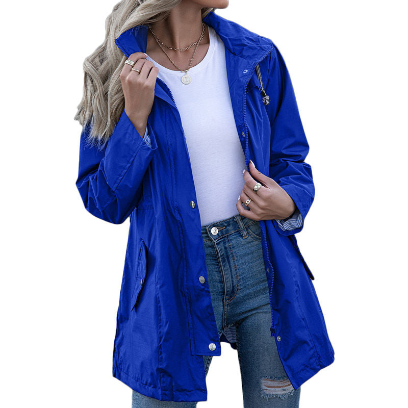 Beakey Rain Jacket for Women Striped Lined Hooded Lightweight Windbreaker-Royal Blue