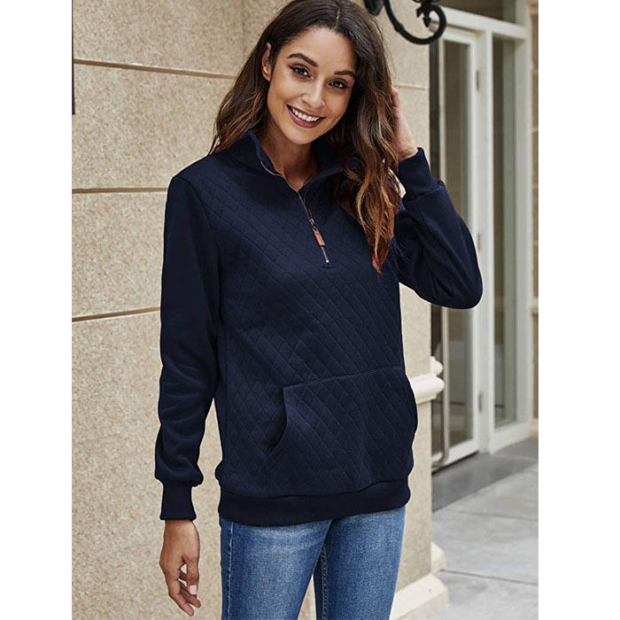 Beakey Women 1/4 Zipper Long Sleeve Plain Casual Sweatshirts Pullovers Shirts Tops-Navy