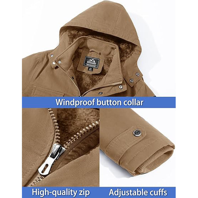 Beakey Mens Winter Jacket Cotton Fleece Lined Military Coats with Hood-Khaki