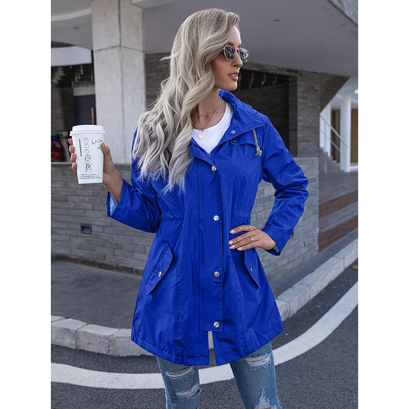 Beakey Rain Jacket for Women Striped Lined Hooded Lightweight Windbreaker-Royal Blue