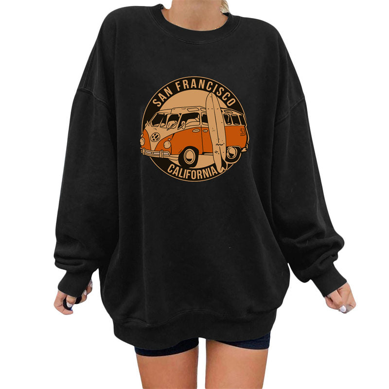 Beakey Vintage Sweatshirt for Women Bus Graphic Crewneck Fleece Pullover-Black