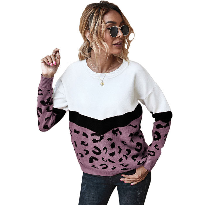 Beakey Women¡¯s Casual Knitted Sweater Leopard Print Color Block Loose Pullover-Purple-K208002