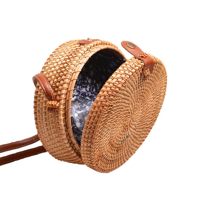 Beakey Handwoven Round Rattan Natural Chic Bag Shoulder Leather Straps Summer Beach-Blue Flower