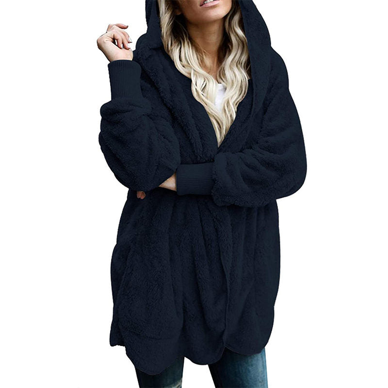 Beakey Womens Long Sleeve Fuzzy Fleece Jacket Hooded Cardigan Coat with Pockets-Blue