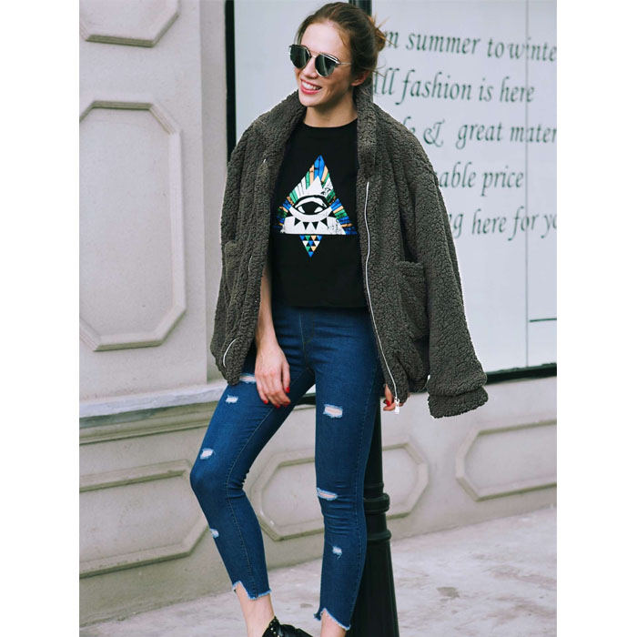 Beakey Women's Lapel Zip Up Coat Faux Shearling Shaggy Oversized  Jacket Warm Winter-Army Green-T0647