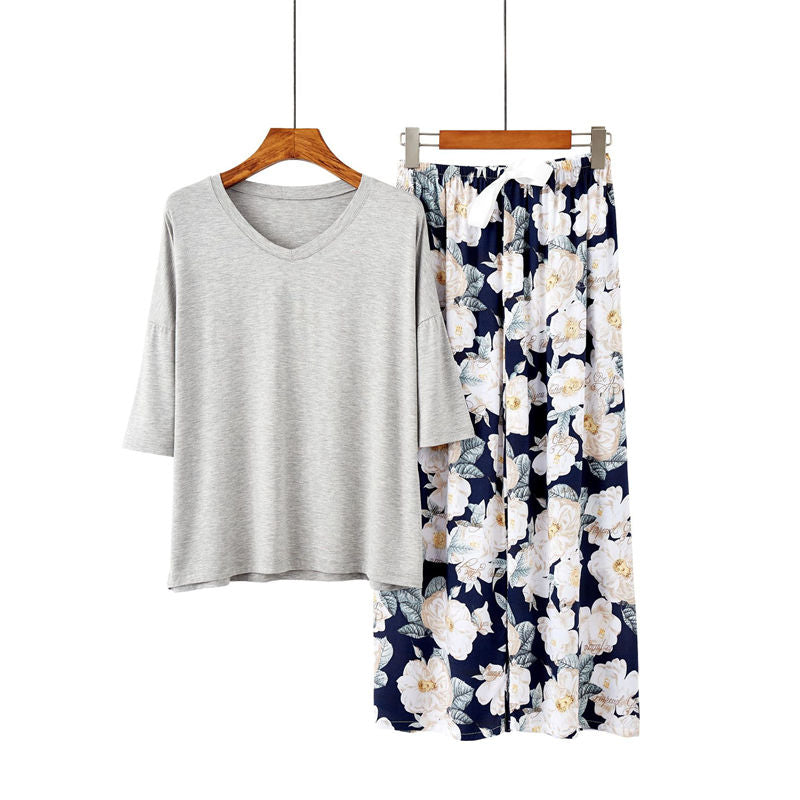Beakey Womens Pajama Set Print Sleepwear Soft V-Neck Short Sleeve Top With Pants-7