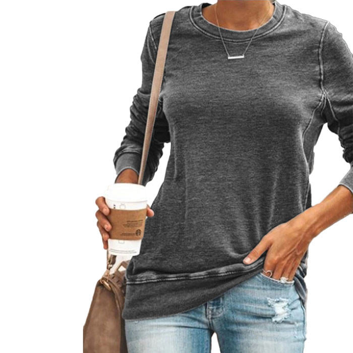 Beakey Womens Casual Crewneck Sweatshirt Long Sleeve Solid Color Loose Tops-Gray-8100