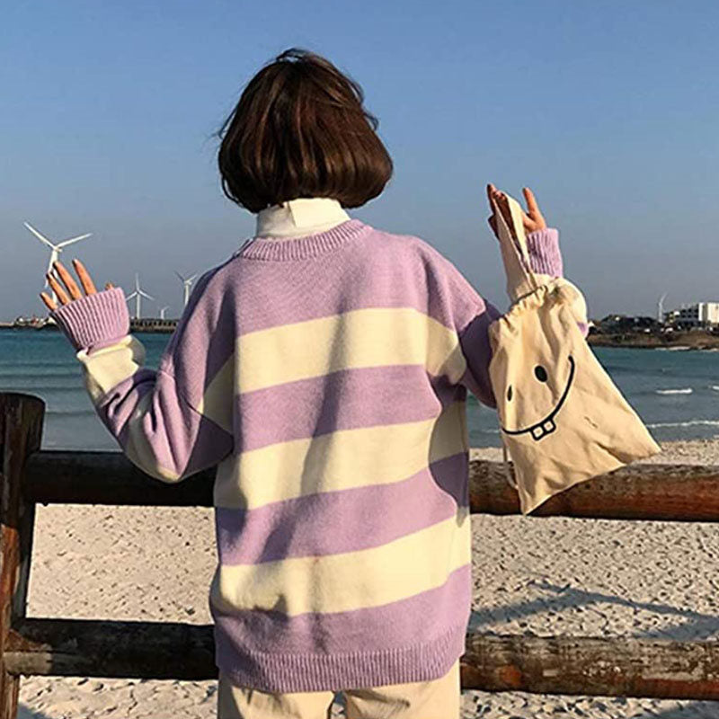 Beakey Womens Kawaii College Style Sweater Contrast Striped Moon Pullover-Purple