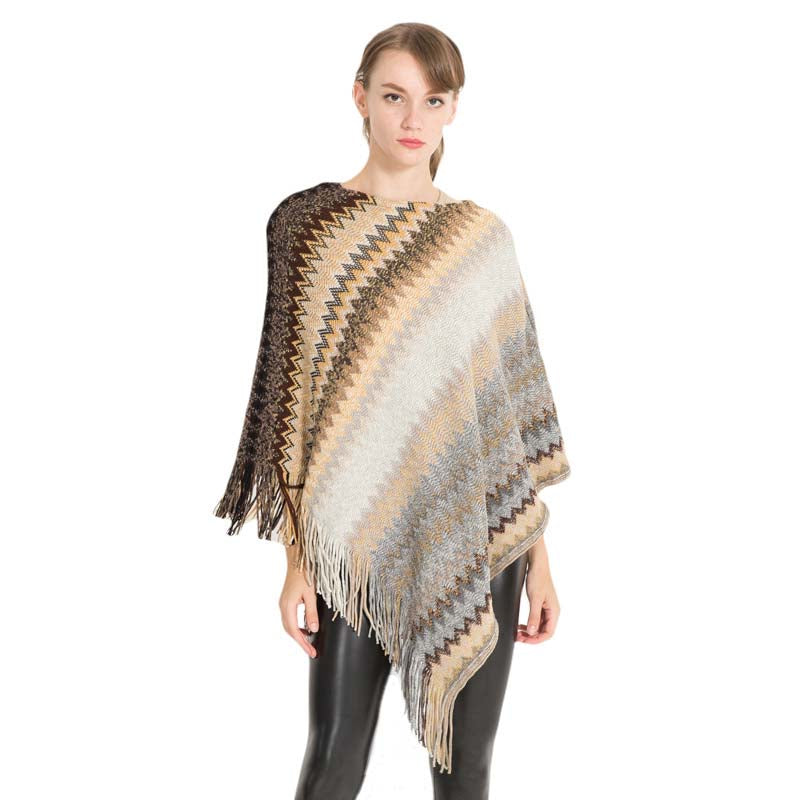 Beakey Womens Stripe Knitted Poncho Top with Tassel-Khaki