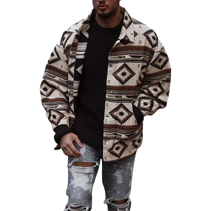 Beakey Mens Aztec Pattern Jacket for Men Label Button Down Shirt Coat