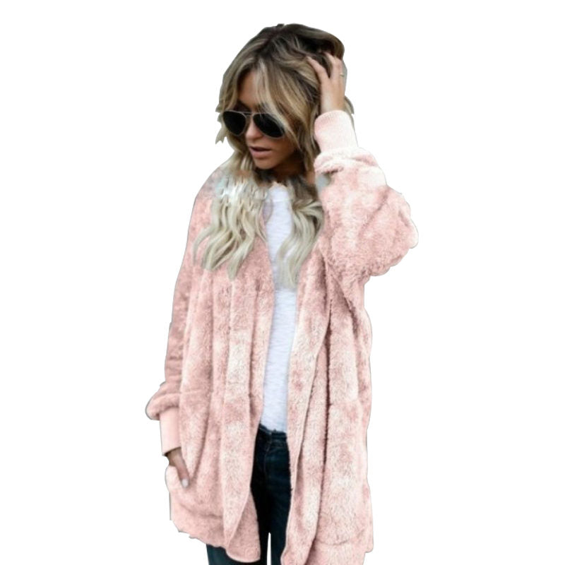 Beakey Womens Long Sleeve Fuzzy Fleece Jacket Hooded Cardigan Coat with Pockets-Pink
