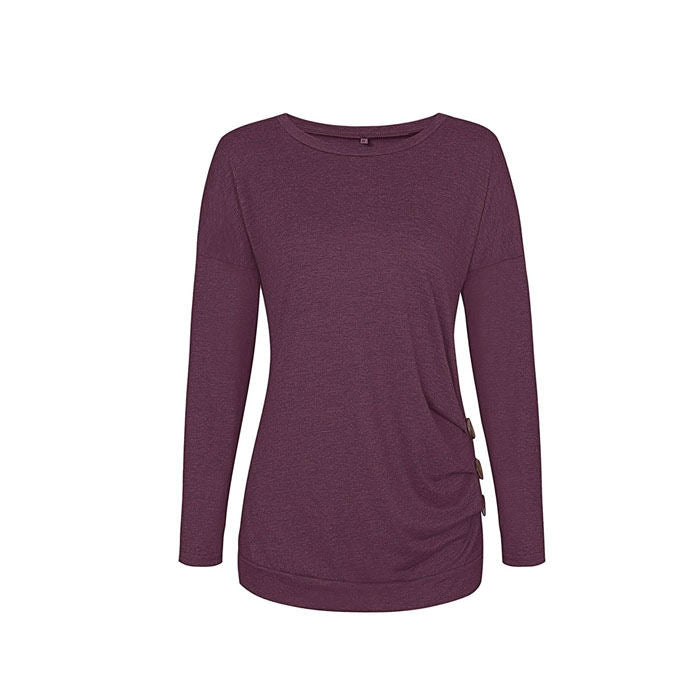 Beakey Women's Casual Long Sleeve Round Neck Loose T Shirt Blouse Tops-Wine Red-88041