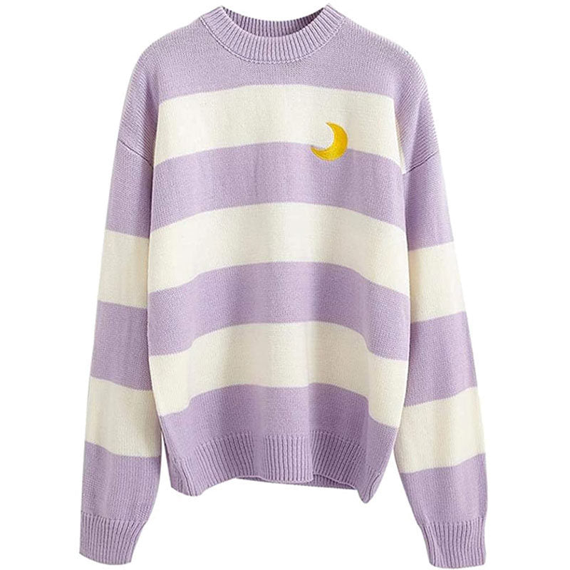 Beakey Womens Kawaii College Style Sweater Contrast Striped Moon Pullover-Purple