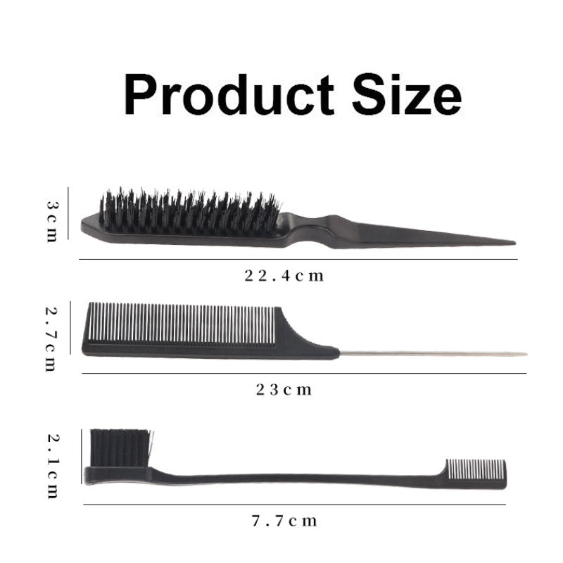Beakey Edge Brush + Bristle Brush + Rat Tail Comb for Smoothing Hair-Pink