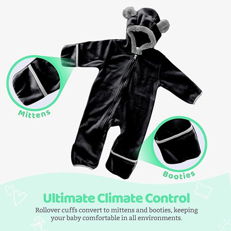 Beakey Baby Fleece Bodysuit Zipper Closure with Hood & Mittens for Winter-Black