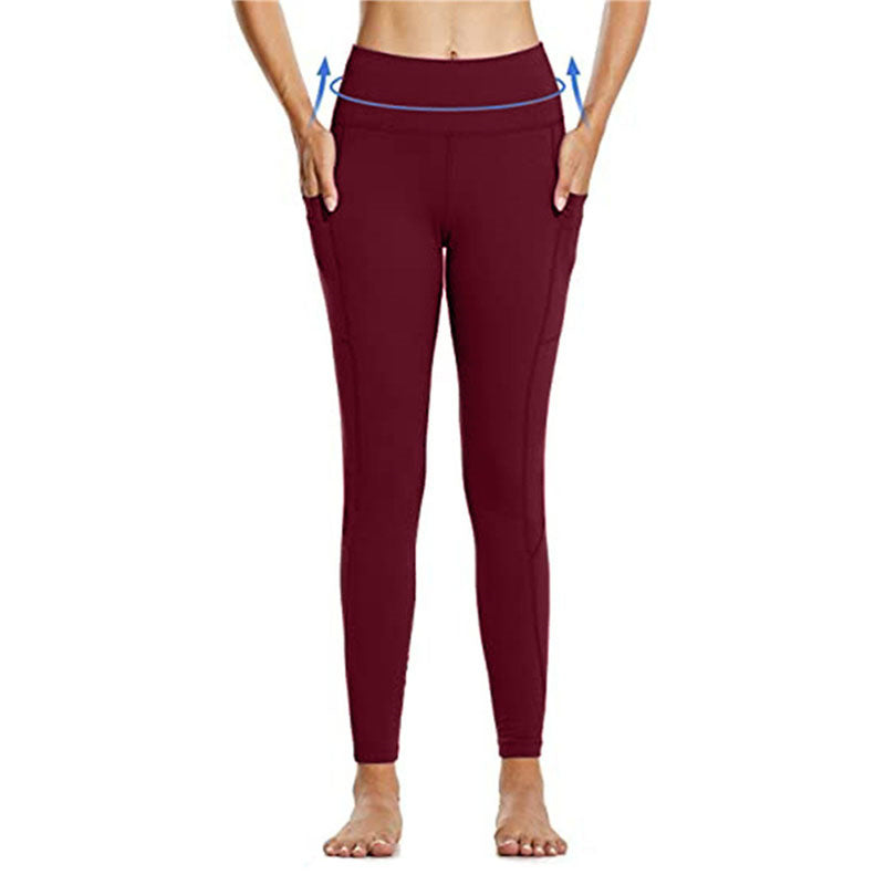 Beakey Womens High Waist Yoga Pants with Pockets Fashionable Leggings-Red Wine