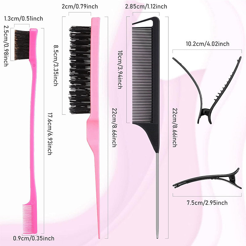 Beakey 12 Pieces Hair Brush Set Nylon Teasing Hair Brushes Rat Tail Combs with Duckbill Clips for Women-Pink Black