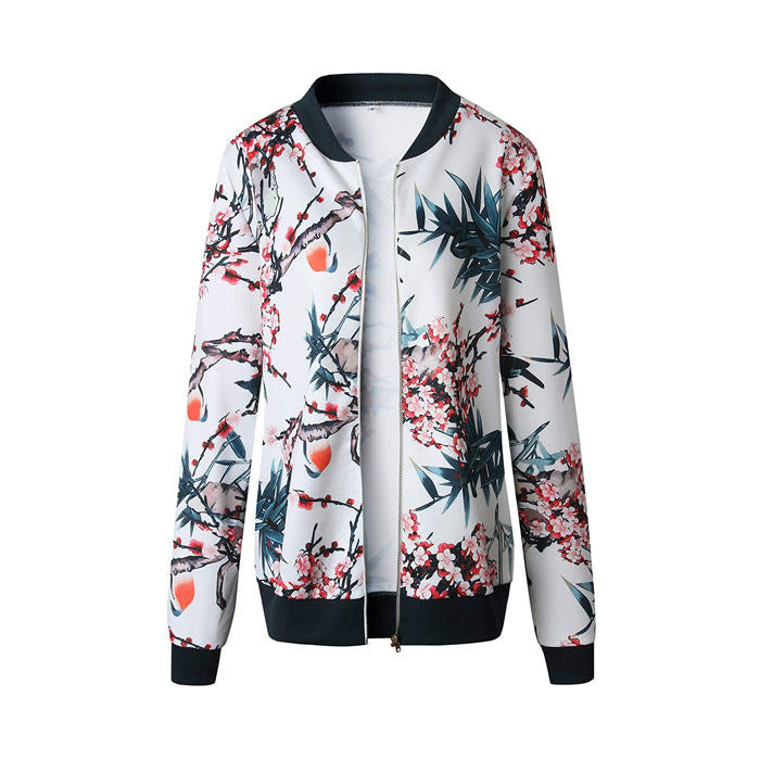 Beakey Women's Fashion Zip Up Casual Jacket Coat Short Outwear Flower Printing Tops-Dark Blue-8795