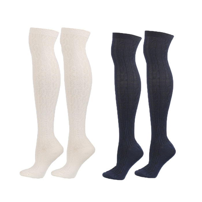 Beakey 2Packs Women Extra Long High Socks Knit Warmers Thick Tall Long Boot Stockings Leg-WhiteNavy
