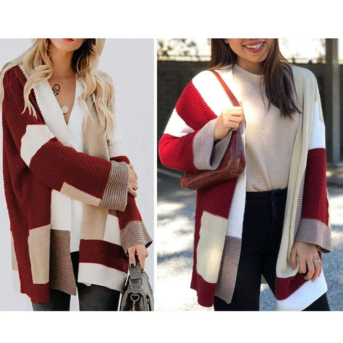 Beakey Womens Color Block Cardigan Open Front Sweaters Loose Knit Casual Coat-Red Wine-AL6009