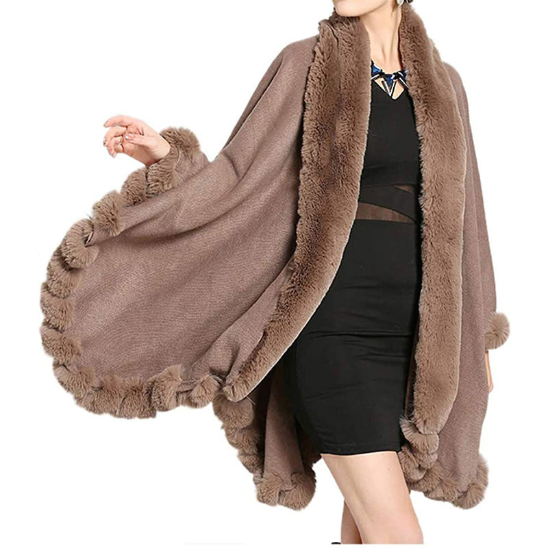 Beakey Womens Faux Fox Fur Trim Cardigan Shawl Oversized Cape-Khaki