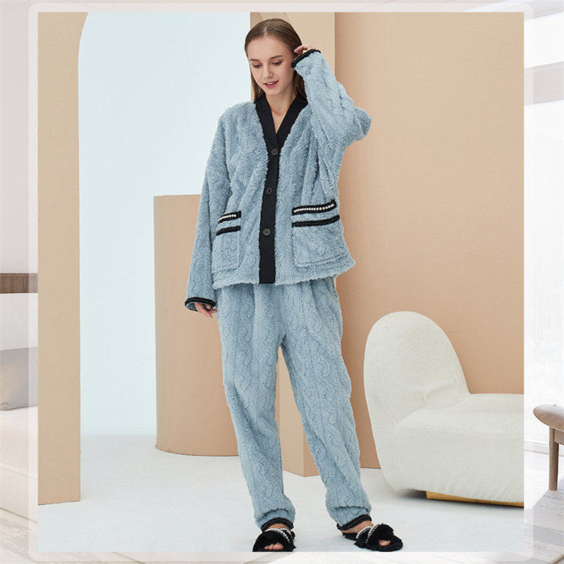 Beakey Women's Fleece Fashion Cardigan Pajama Set-Haze Blue