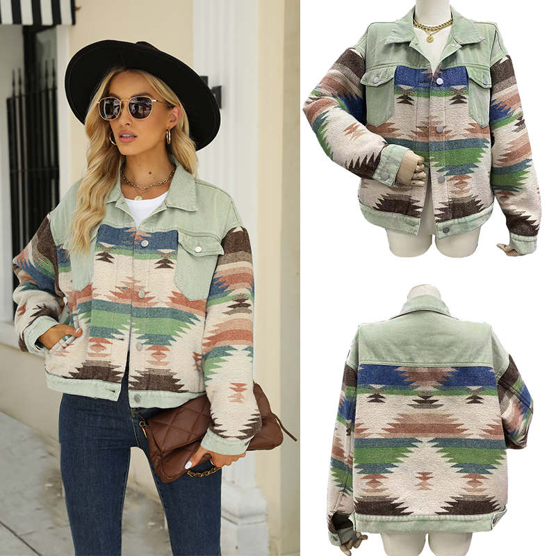 Beakey Denim Jacket for Women Aztec Print Contrast Color Cropped Coat-Green