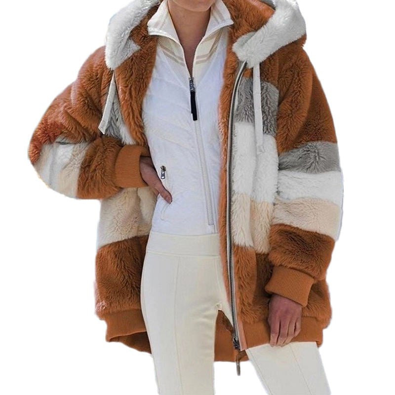 Beakey Womens Warm Coats Fuzzy Sherpa Hooded Jacket with Pockets-Caramel