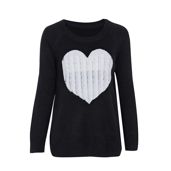 Beakey Women Cute Sweaters Heart Crewneck Long Sleeve Knitted Pullover Sweater-Black And White-118004