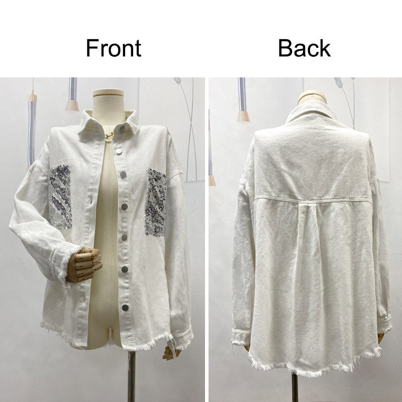 Beakey Sequins Denim Jacket for Women Oversized Distressed Jean Outwear-White