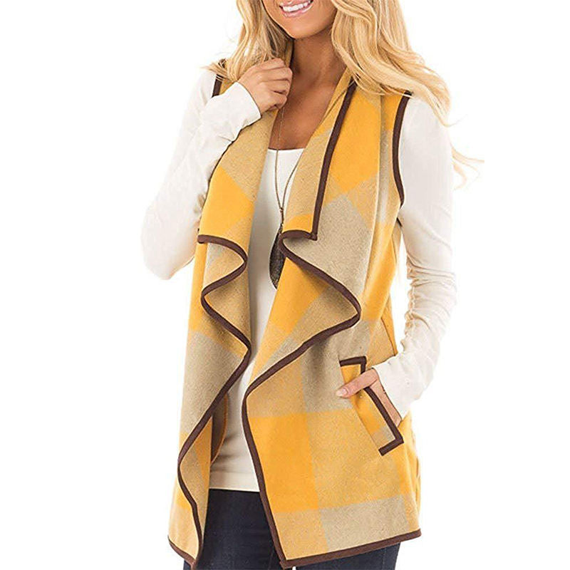 Beakey Womens Casual Lapel Open Front Plaid Vest Cardigan with Pockets-Yellow
