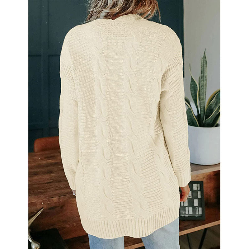 Beakey Womens Long Sleeve Cable Knit Cardigan Sweater Mid Length Coat-Apricot