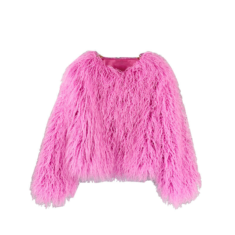 Beakey Womens Shaggy Faux Fur Outwear Short Thermal Coat-BarbiePink