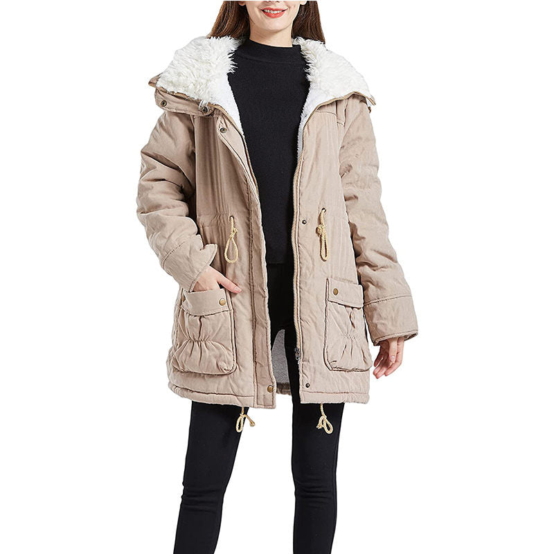 Beakey Women's Mid Length Winter Coat Thickened Warm Lamb Wool Lined Jacket-Khaki