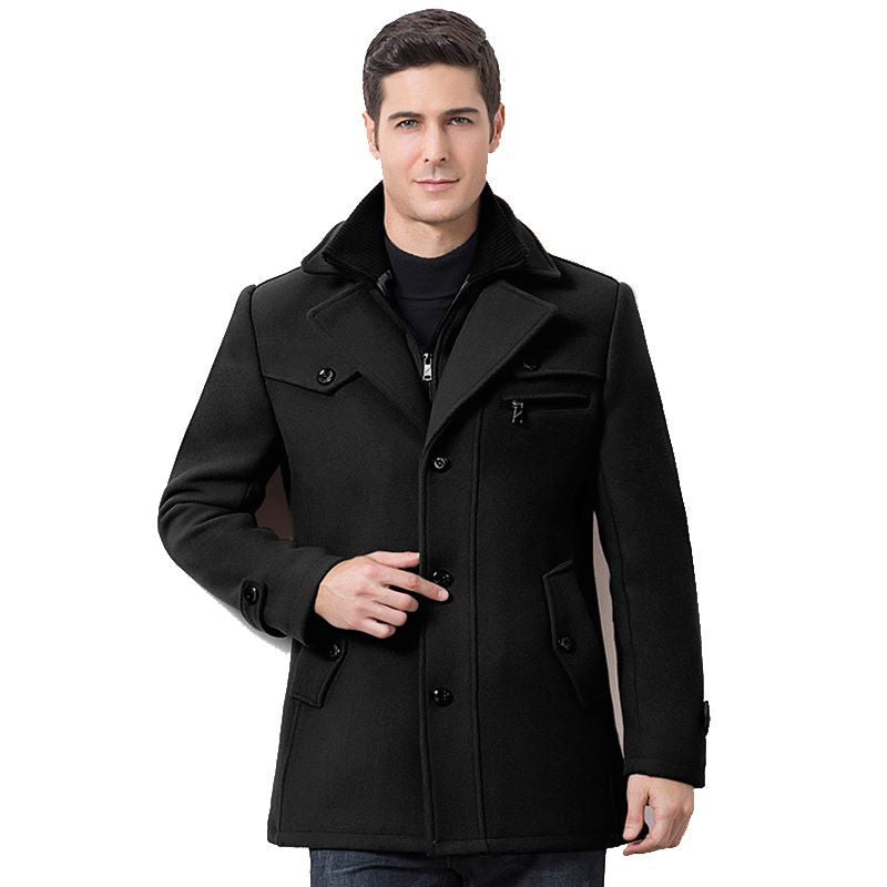 Beakey Mens Pea Coat Wool Blend Single Breasted Overcoat for Winter-Black