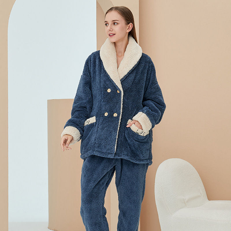 Beakey Womens Plush Pajamas Cardigan Set Loungewear-Navy Blue