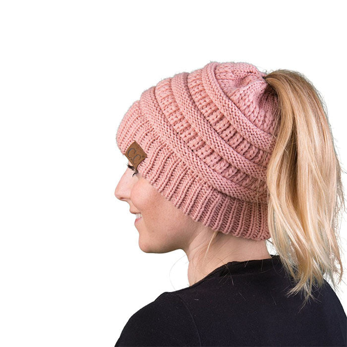 Beakey Soft Stretch Cable Knit Hat Ponytail Beanie Winter Hat For Women-Pink