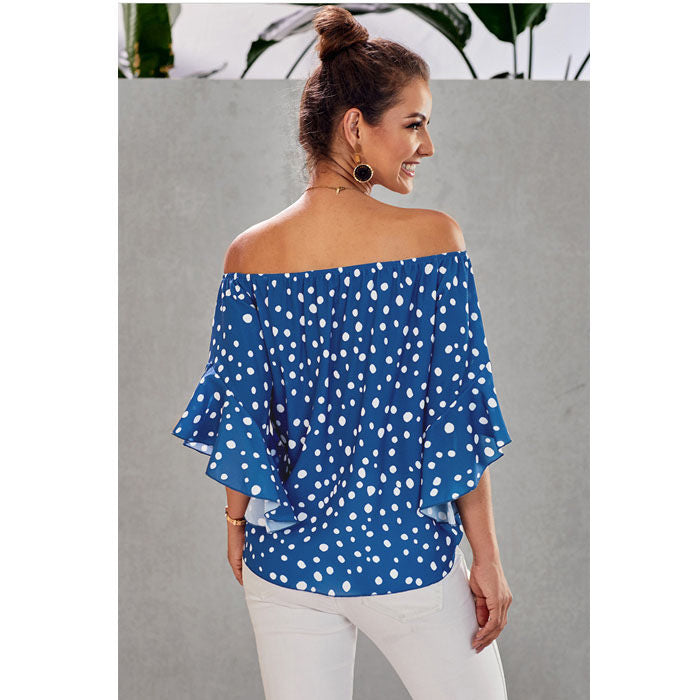 Beakey Womens Wave Point Off Shoulder Tops 3/4 Flared Sleeve Tops Casual Tie Knot-Sky Blue-LC252344