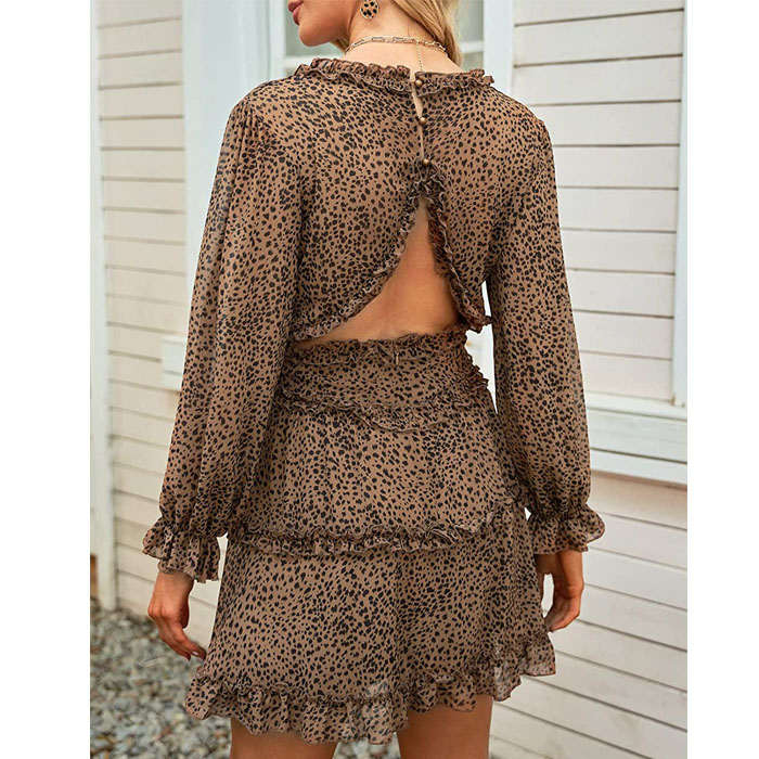 Beakey Womens Spring Summer Deep V Neck Ruffle Long Sleeve Mini Dress-Leopard-LC220829-1