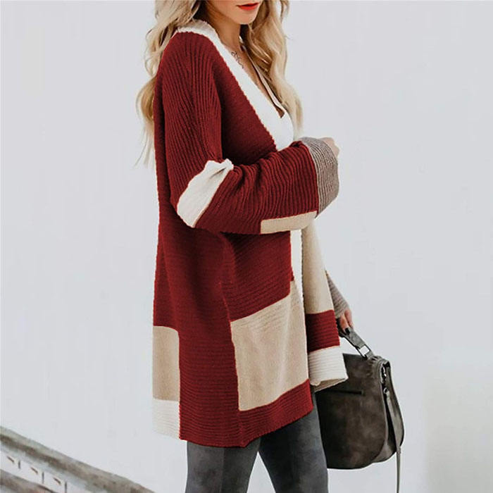 Beakey Womens Color Block Cardigan Open Front Sweaters Loose Knit Casual Coat-Red Wine-AL6009