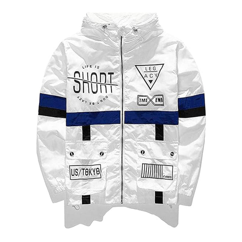 Beakey Lightweight Windbreaker for Men Hip Hop Hooded Zip Up Jacket-White