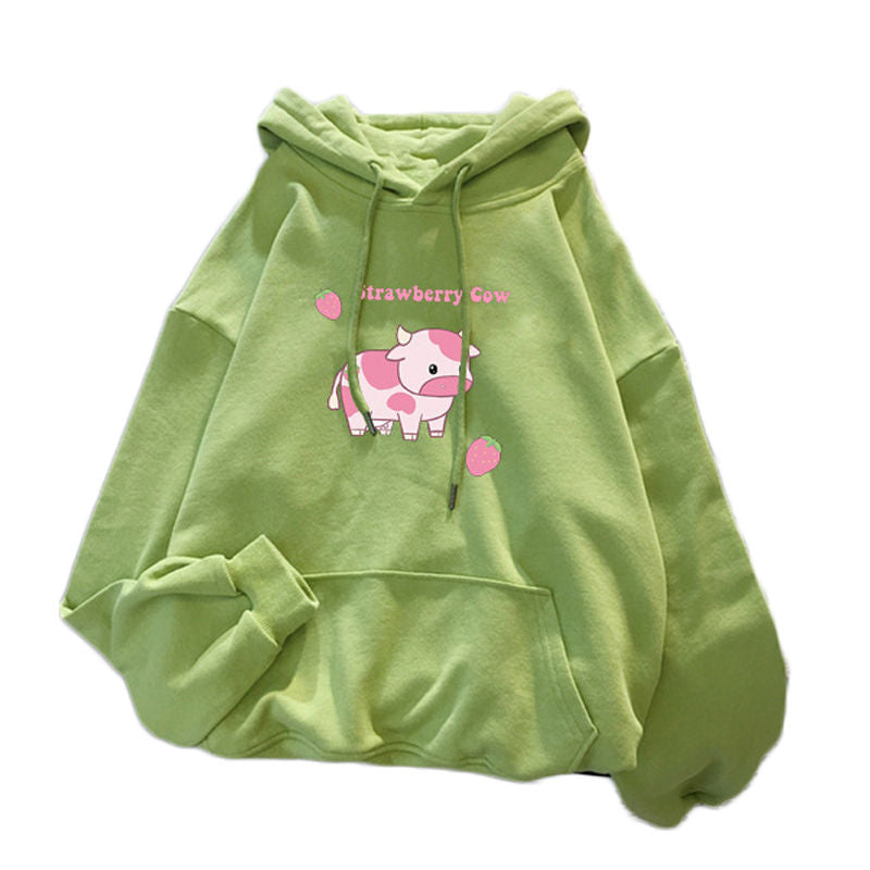 Beakey Casual Hoodie Strawberry Cow Print with Pockets for Women Men-Grass Green