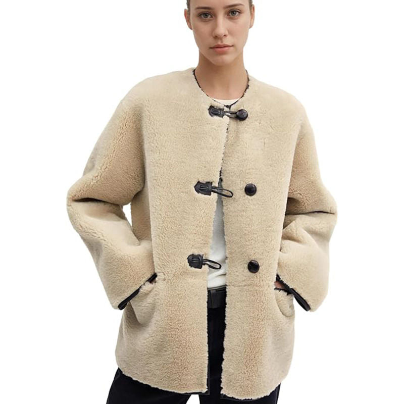 Beakey Womens Button Sherpa Coats Long Sleeve Warm Outwear with Pockets-Khaki