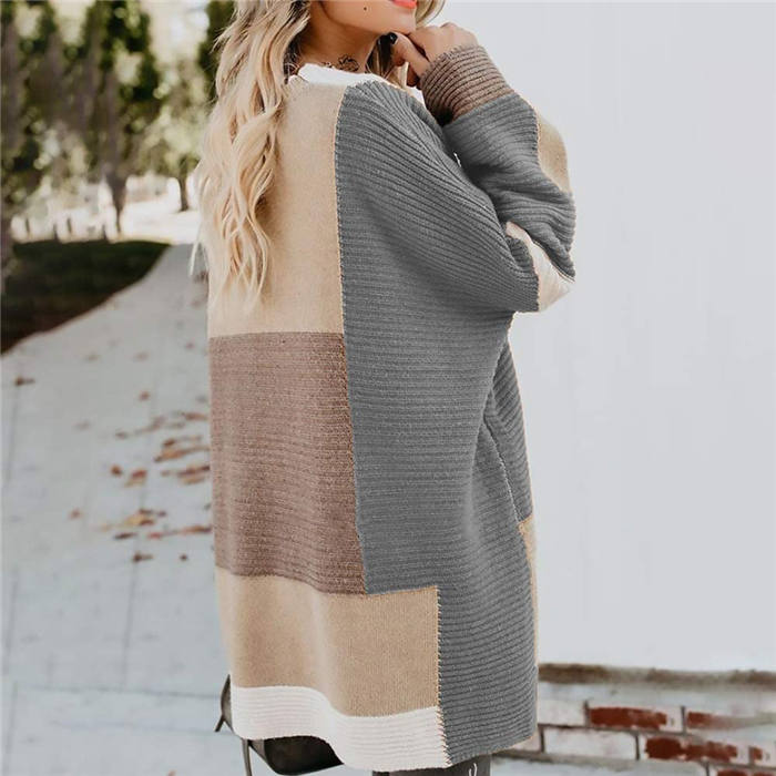 Beakey Womens Color Block Cardigan Open Front Sweaters Loose Knit Casual Coat-Gray-AL6009
