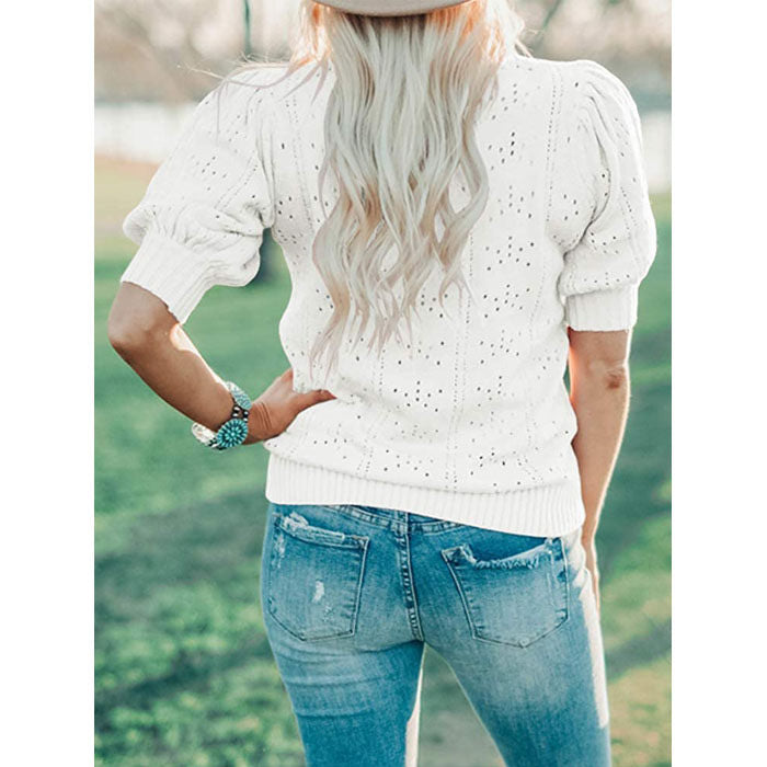 Beakey Womens Lightweight Puff Short Sleeve Sweaters Tops Crew Neck Dot Pullover Shirt-White