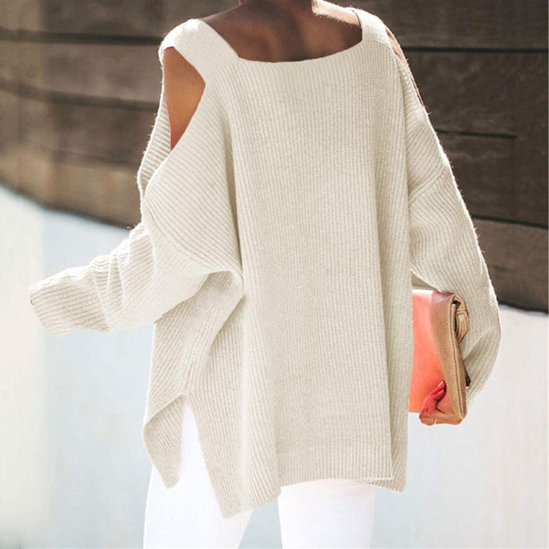 Beakey Womens Off Shoulder Oversized Sweater Fashion Knit Tunic Tops-Beige