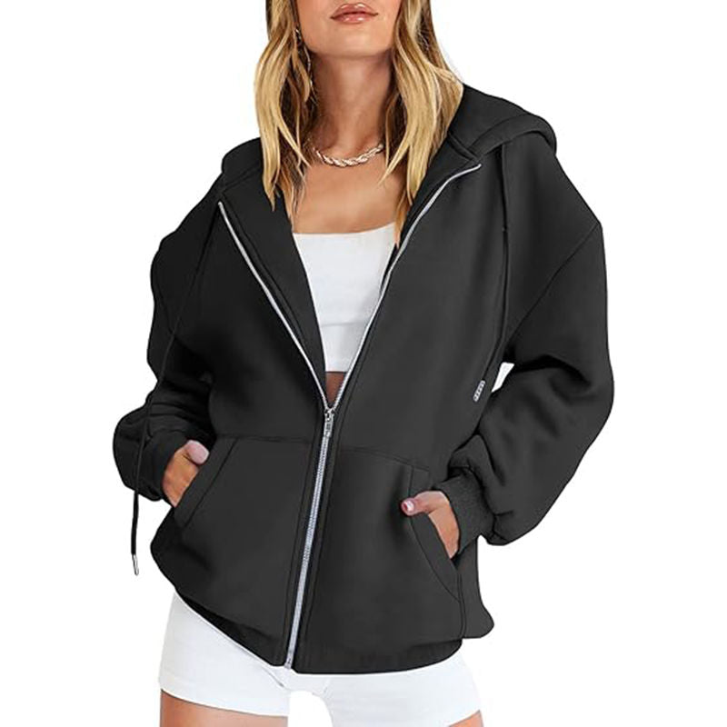 Beakey Womens Zip Up Hoodies with Pockets Y2K Oversized Sweatshirts-Black